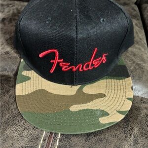 Fender Camo Flatbill Snapback Hat Red/Black Logo NWT Guitar Music Cap Adjustable